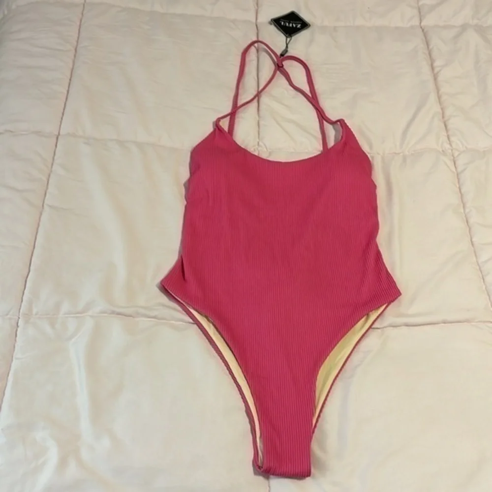 Zaful Pink Ribbed tie back one piece bathing suit swim suit